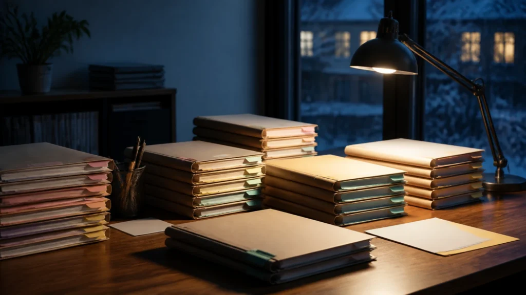 Piles de dossiers cartonnés à intercalaires de couleur sur un bureau en bois, éclairées par une lampe, devant une fenêtre ouverte sur une nuit d'hiver.
