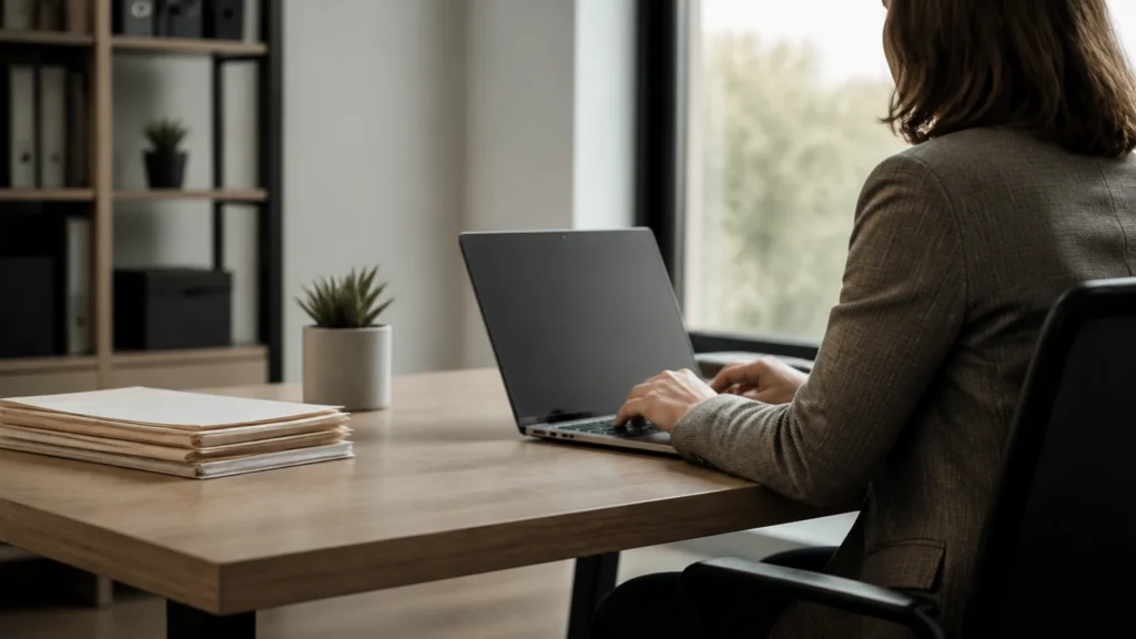 Une personne assise de dos à un bureau en bois tape sur un ordinateur portable dont l'écran est éteint, devant une fenêtre ; une pile de dossiers papier est posée à gauche du plateau.