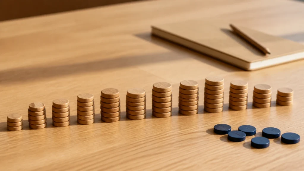 Douze piles de jetons en bois de hauteurs différentes alignées sur un plan de travail en chêne, quelques jetons bleu foncé posés à plat à l'écart, carnet kraft et crayon en arrière-plan
