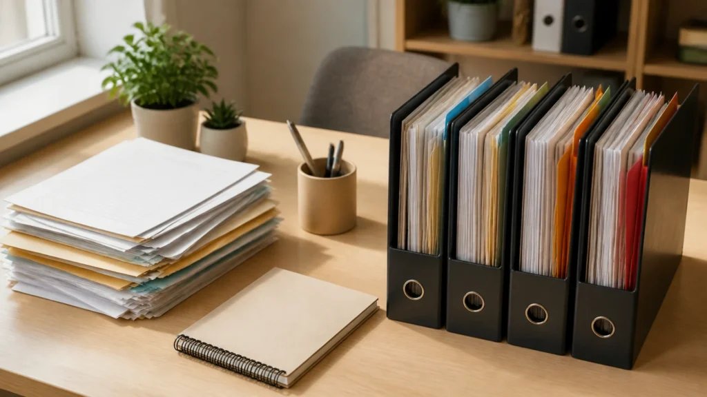 Sur un bureau clair, une pile de feuilles volantes en désordre à gauche et quatre porte-revues noirs garnis de dossiers à onglets de couleur à droite, avec un carnet à spirale et un pot à crayons entre les deux.
