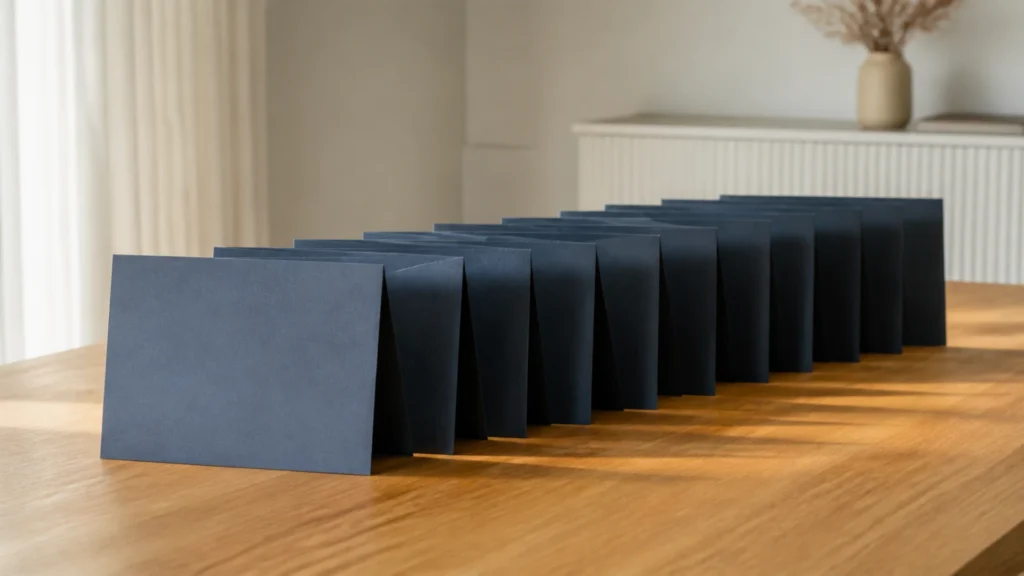 Une file de fiches cartonnées bleu ardoise identiques, dressées les unes derrière les autres sur une table en bois clair éclairée par une fenêtre.