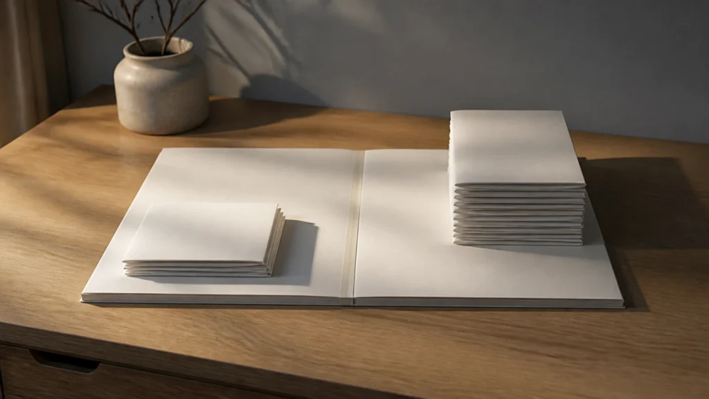 Grand bloc de papier ouvert à plat sur un bureau en bois, traversé en son milieu par une bande claire, avec une pile courte de feuilles pliées à gauche et une pile beaucoup plus haute à droite.