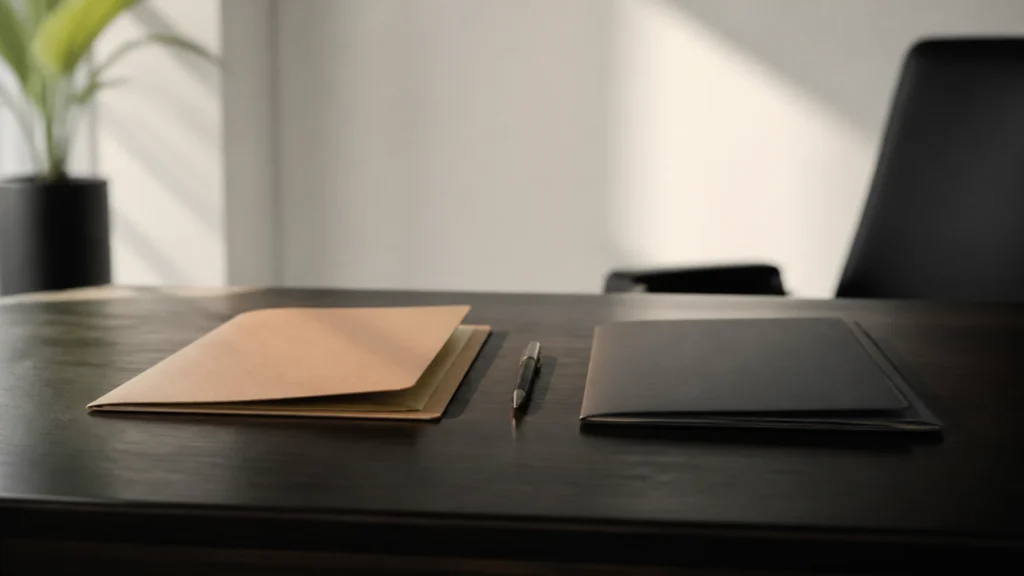 Sur un bureau en bois sombre, deux chemises cartonnées de teintes différentes posées côte à côte, l'une ouverte et l'autre fermée, avec un stylo placé exactement entre les deux.