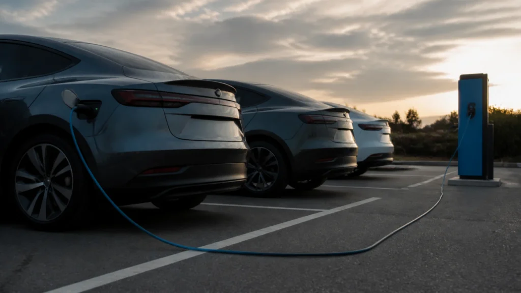 Trois voitures garées côte à côte sur un parking au crépuscule, vues de trois quarts arrière, dont l'une est branchée à une borne de recharge électrique par un câble posé au sol.