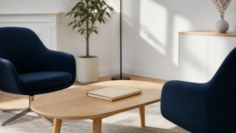 Deux fauteuils bleu nuit face à face autour d'une table basse où est posé un carnet fermé à couverture crème