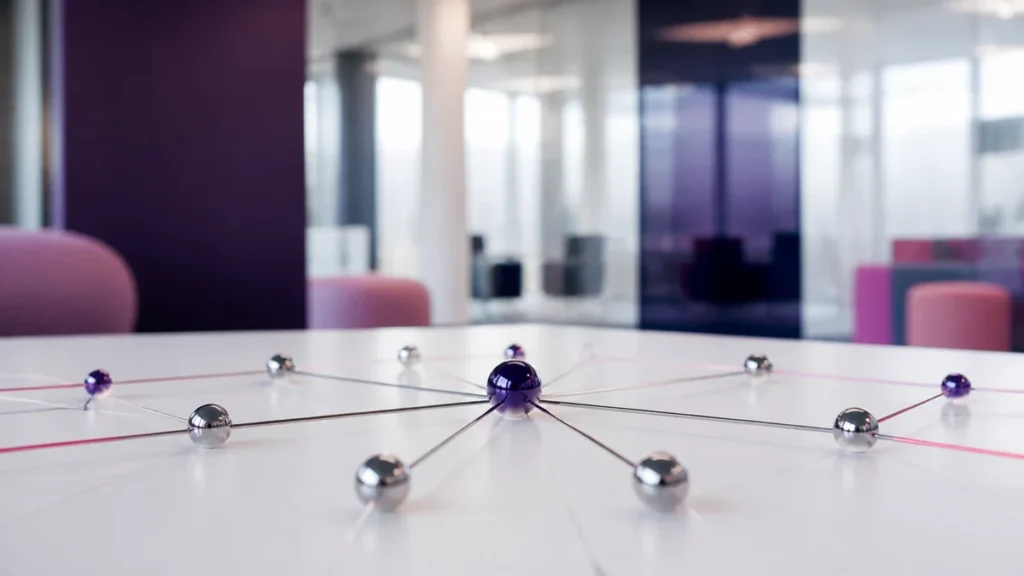 Billes métalliques reliées par de fines tiges autour d'une sphère violette sur une table blanche