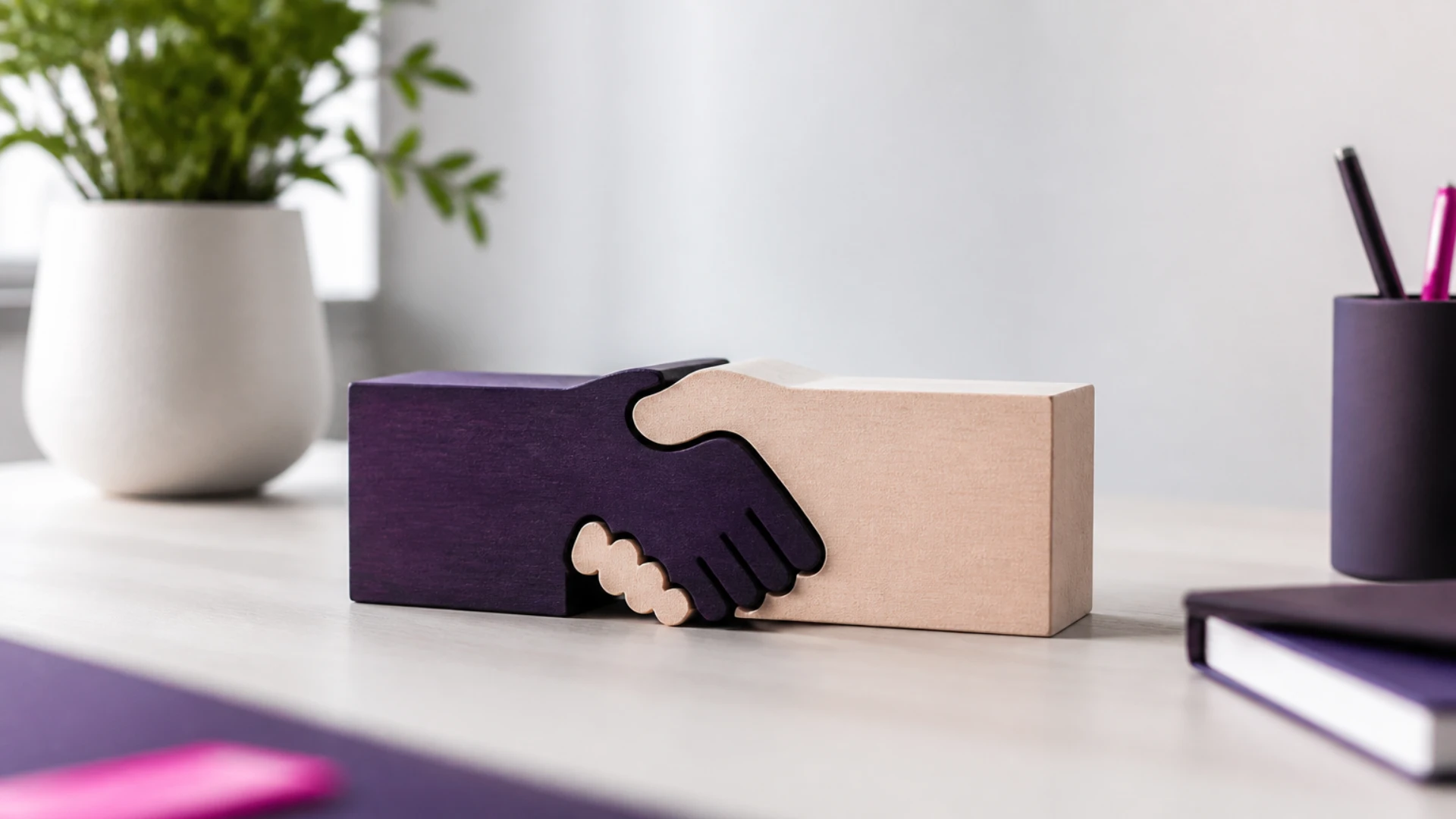 Deux blocs de bois emboîtés de façon indissociable posés sur une table claire