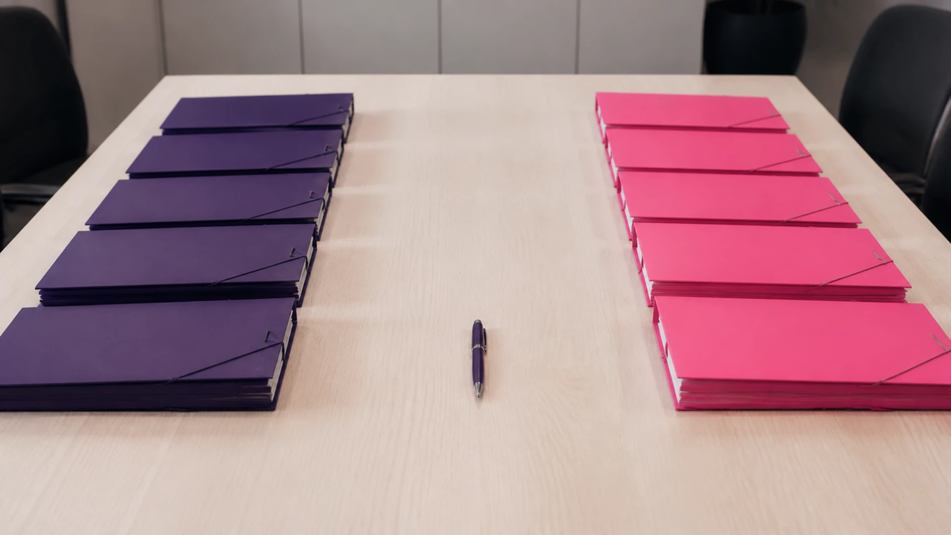 Deux séries de dossiers disposées symétriquement de part et d’autre d’une table, un stylo au centre