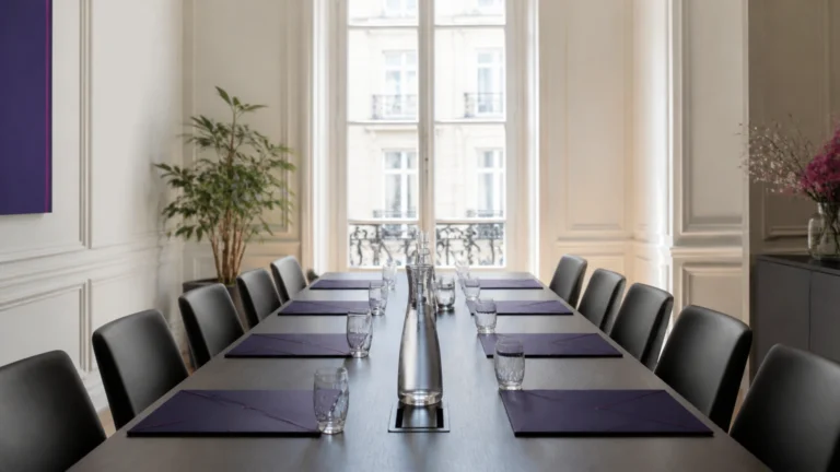 Table de réunion haussmannienne avec deux rangées de chaises face à face et dossiers disposés