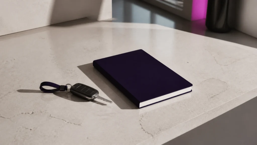 Clé de voiture et carnet fermé projetant deux ombres distinctes sur une table claire