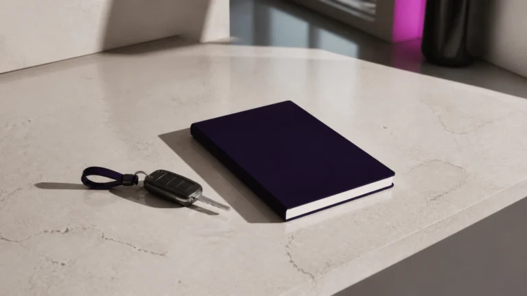 Clé de voiture et carnet fermé projetant deux ombres distinctes sur une table claire
