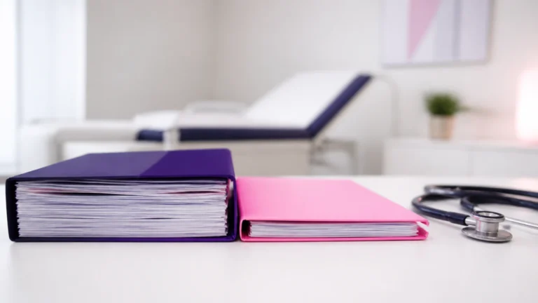 Deux dossiers d'épaisseurs différentes posés sur le bureau d'un médecin libéral