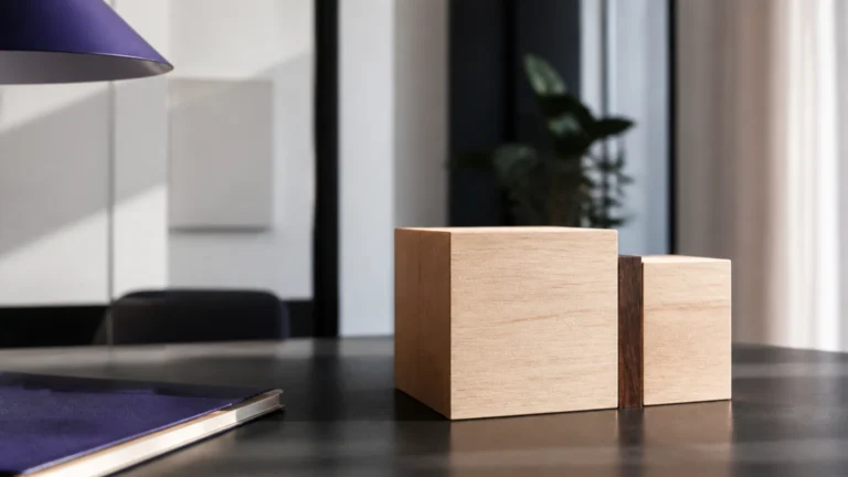 Deux volumes de bois réunis en un seul, l'interstice comblé par une cale plus foncée