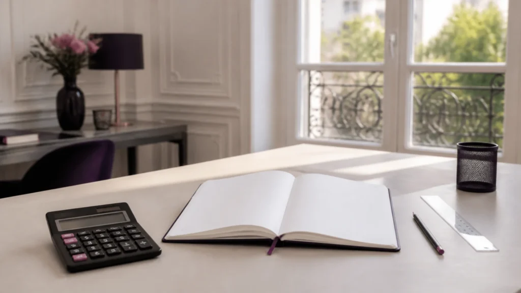 Carnet ouvert vierge, calculatrice et règle sur une table de travail dans un bureau haussmannien