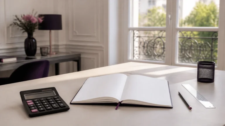 Carnet ouvert vierge, calculatrice et règle sur une table de travail dans un bureau haussmannien