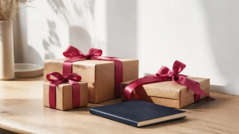 Trois boîtes cadeaux en kraft à rubans roses posées à côté d'un carnet fermé