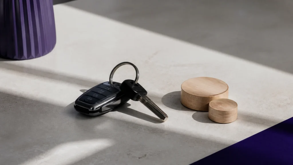 Clé de voiture posée près de deux jetons de tailles différentes sur une table claire