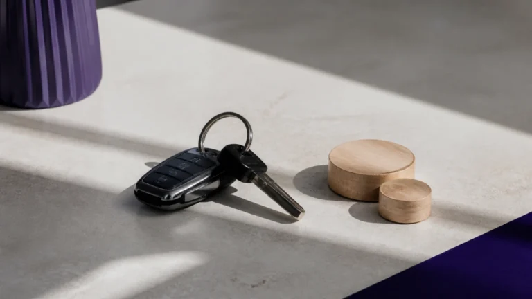 Clé de voiture posée près de deux jetons de tailles différentes sur une table claire
