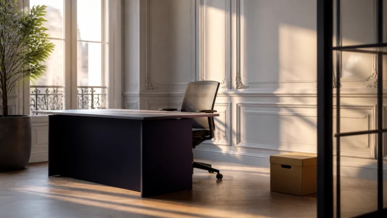Chaise vide devant un bureau vidé avec un carton fermé posé au sol