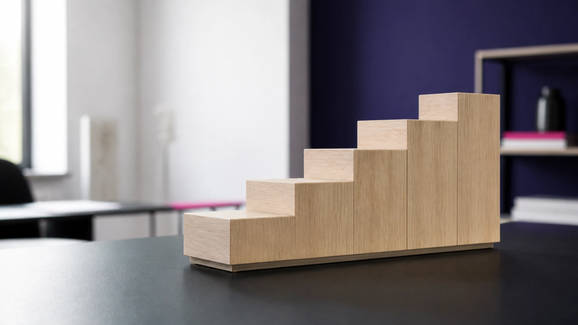 Escalier de cinq blocs de bois posé sur un socle fin qui le surélève