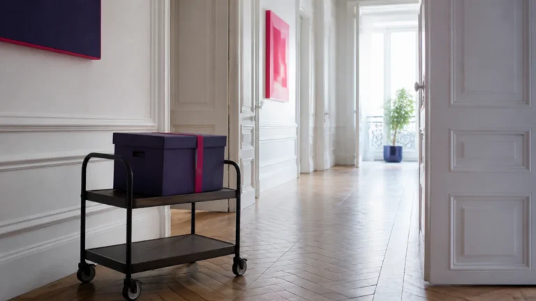 Boîte d'archives sanglée posée sur un chariot dans un couloir haussmannien