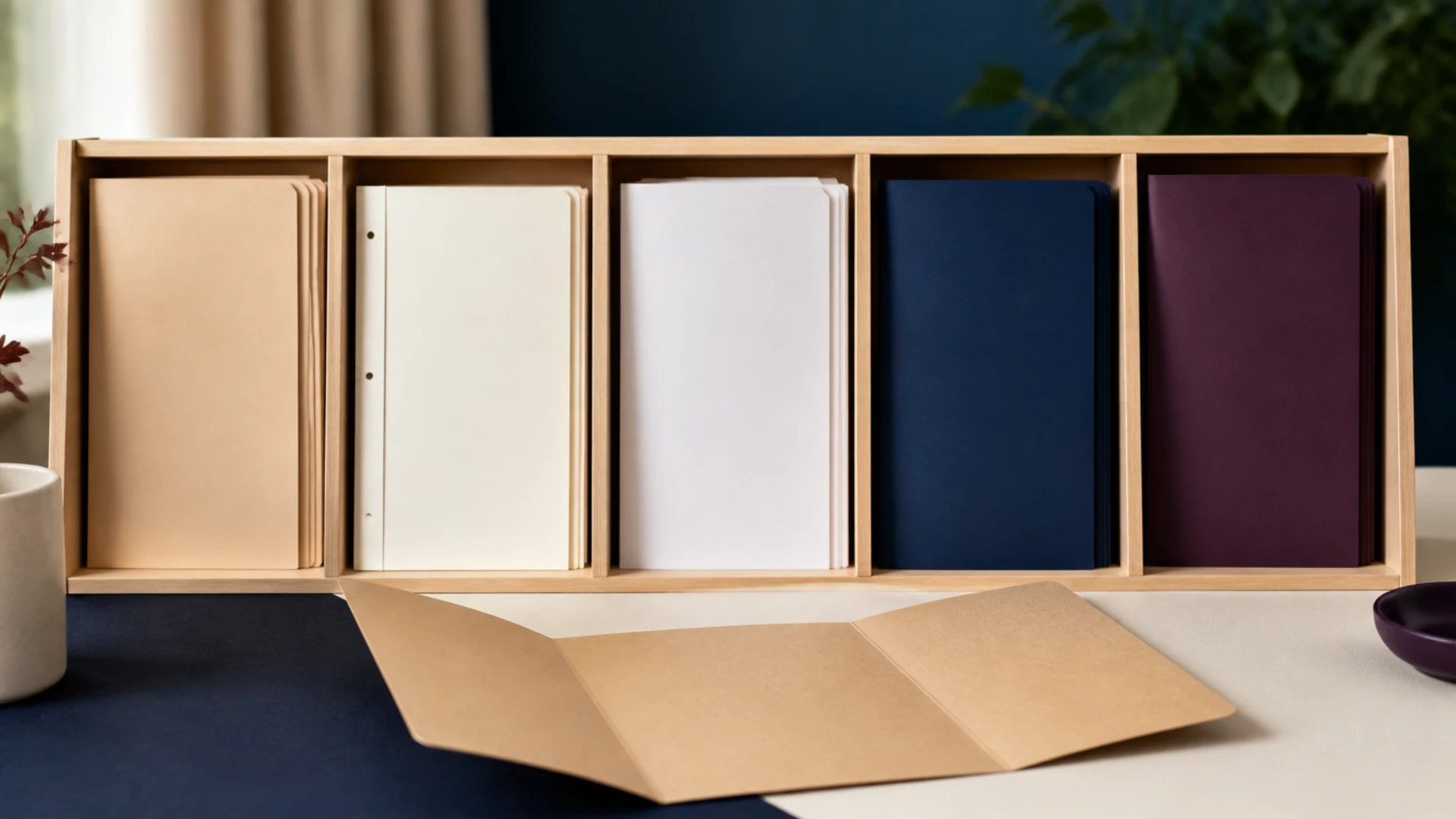 Casier en bois à cinq compartiments contenant des dossiers vierges de couleurs différentes, avec une chemise kraft ouverte au premier plan.