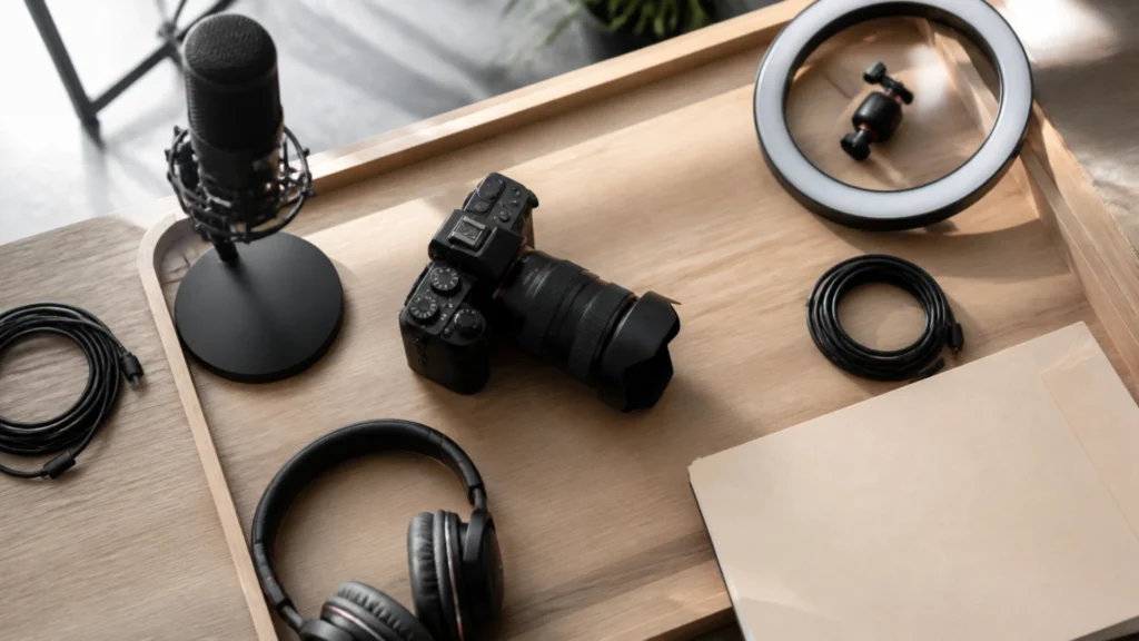 Appareil photo, micro, casque et anneau lumineux rangés sur un bureau en bois clair