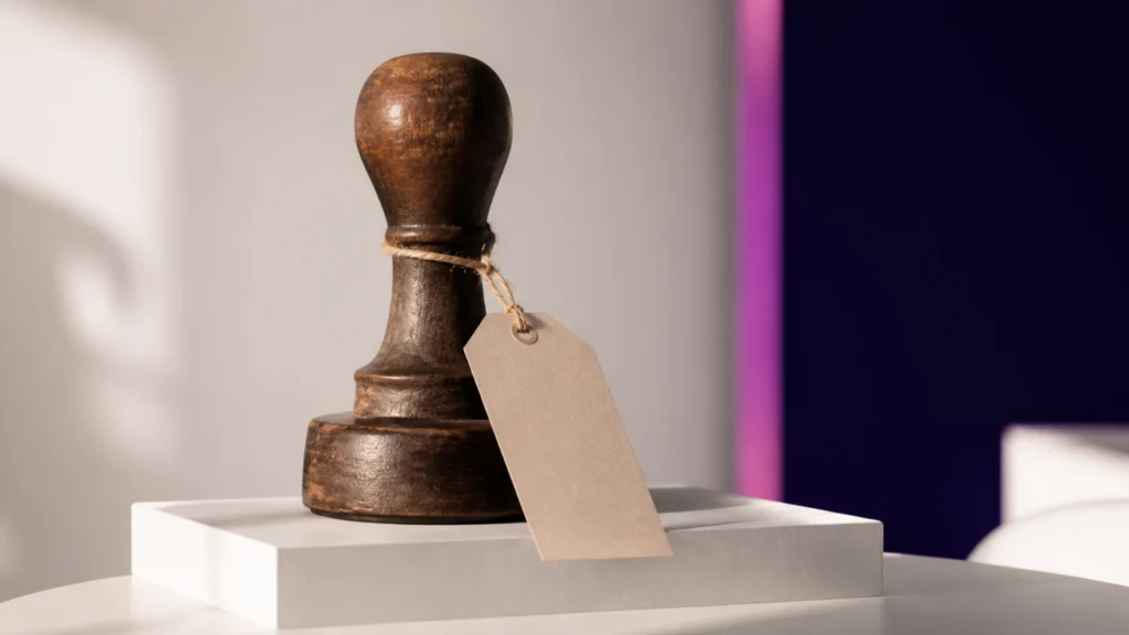 Objet ancien en bois patiné posé sur un socle près d'une étiquette vierge suspendue