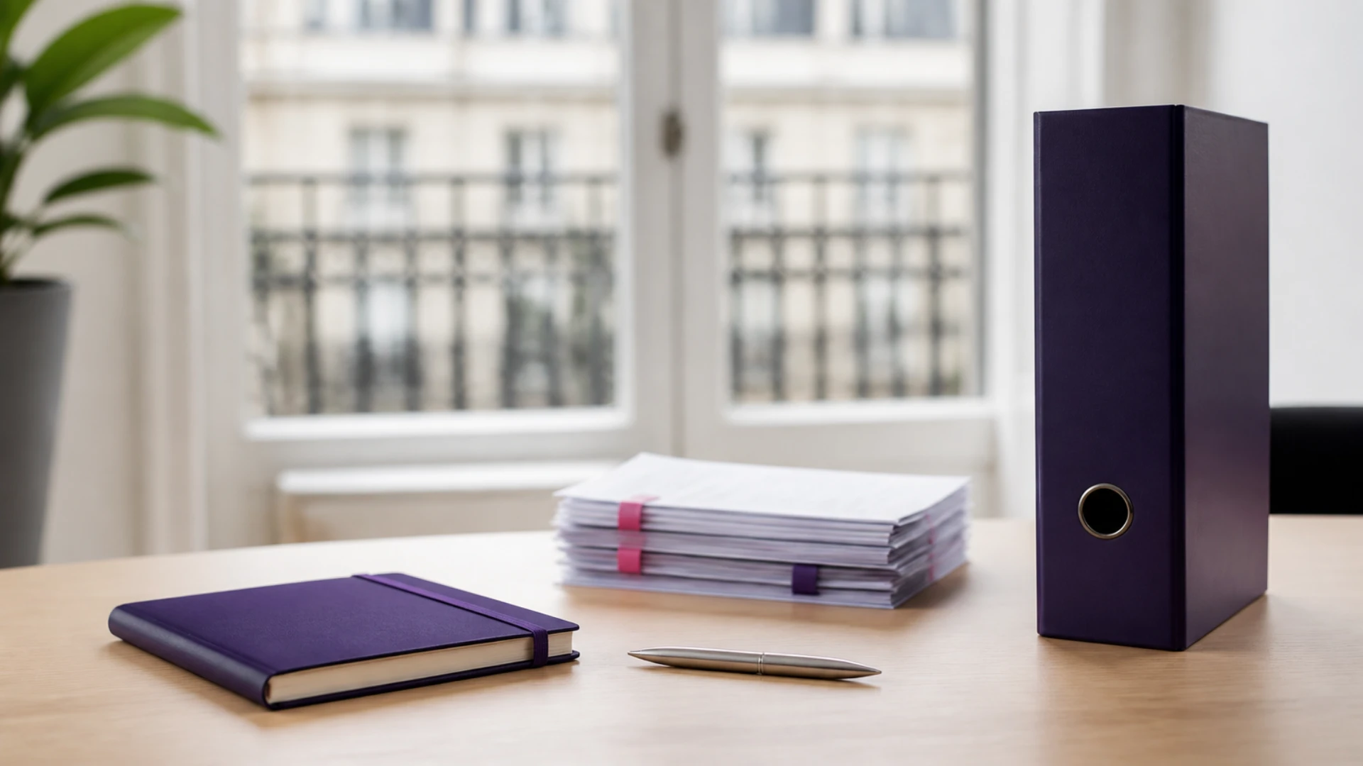 Bureau de professionnel libéral avec agenda fermé, classeur et pile de justificatifs rangée