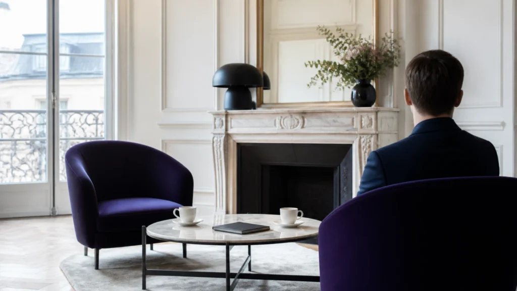 Entretien entre un professionnel libéral vu de dos et son conseil dans un salon haussmannien