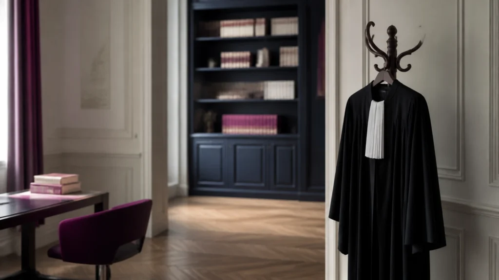 Robe d'avocat suspendue dans un cabinet haussmannien devant une bibliothèque juridique
