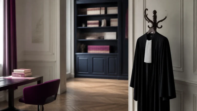 Robe d'avocat suspendue dans un cabinet haussmannien devant une bibliothèque juridique