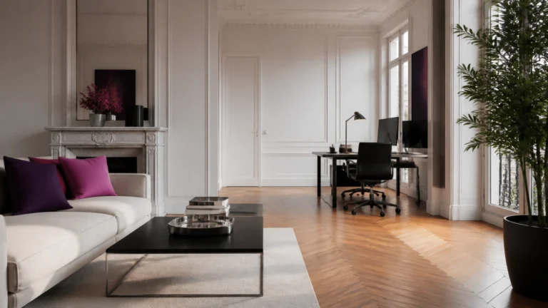 Salon haussmannien dont un angle est occupé par un poste de travail nettement délimité