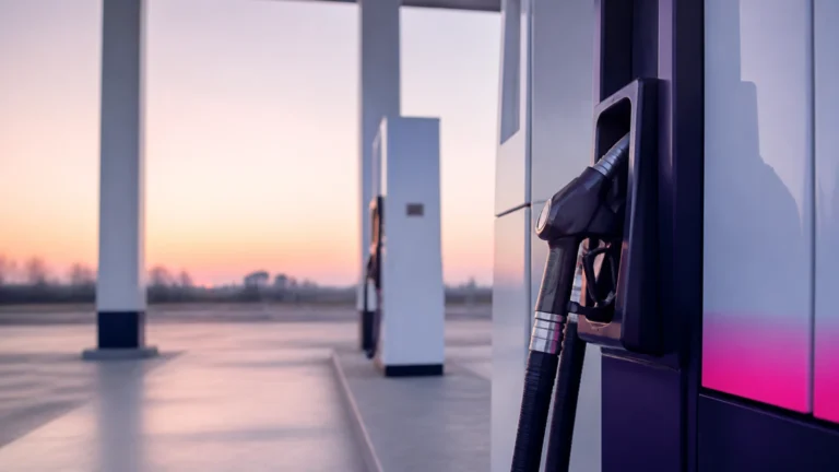Pistolet de carburant sur son support dans une station-service déserte au lever du jour