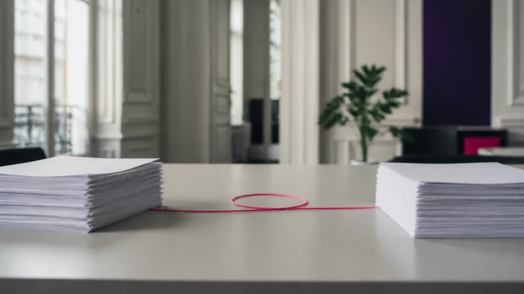 Deux piles de justificatifs reliées par un cordon formant une boucle