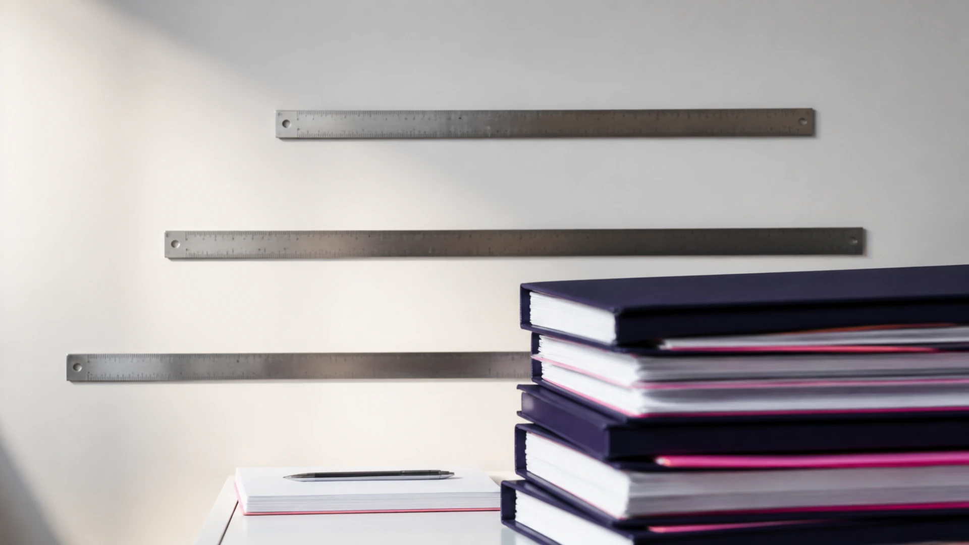 Trois règles fixées à des hauteurs différentes devant une pile de dossiers qui en dépasse deux