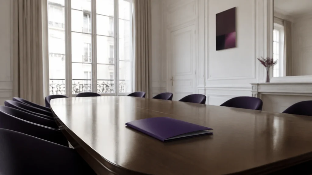 Dossier fermé seul au centre d'une grande table de réunion haussmannienne vide