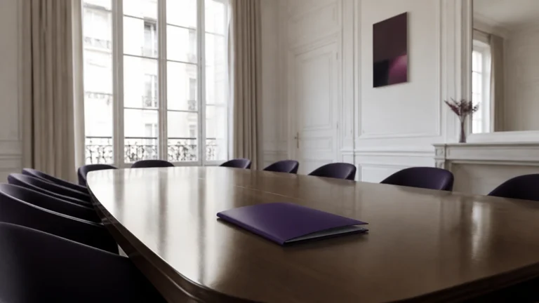 Dossier fermé seul au centre d'une grande table de réunion haussmannienne vide