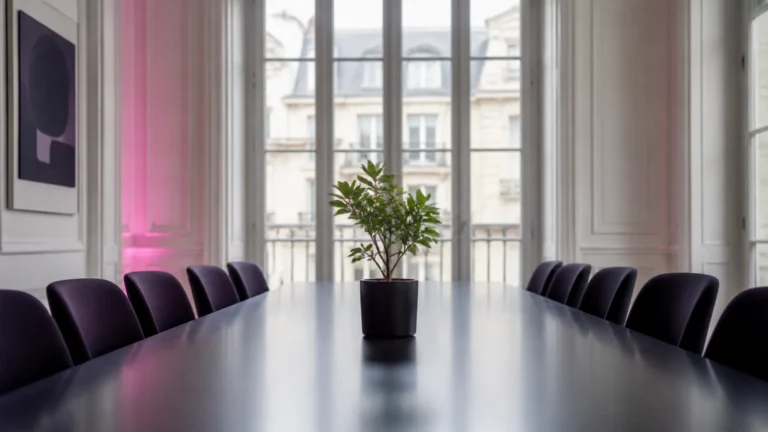 Jeune pousse en pot posée au centre d'une table de réunion haussmannienne