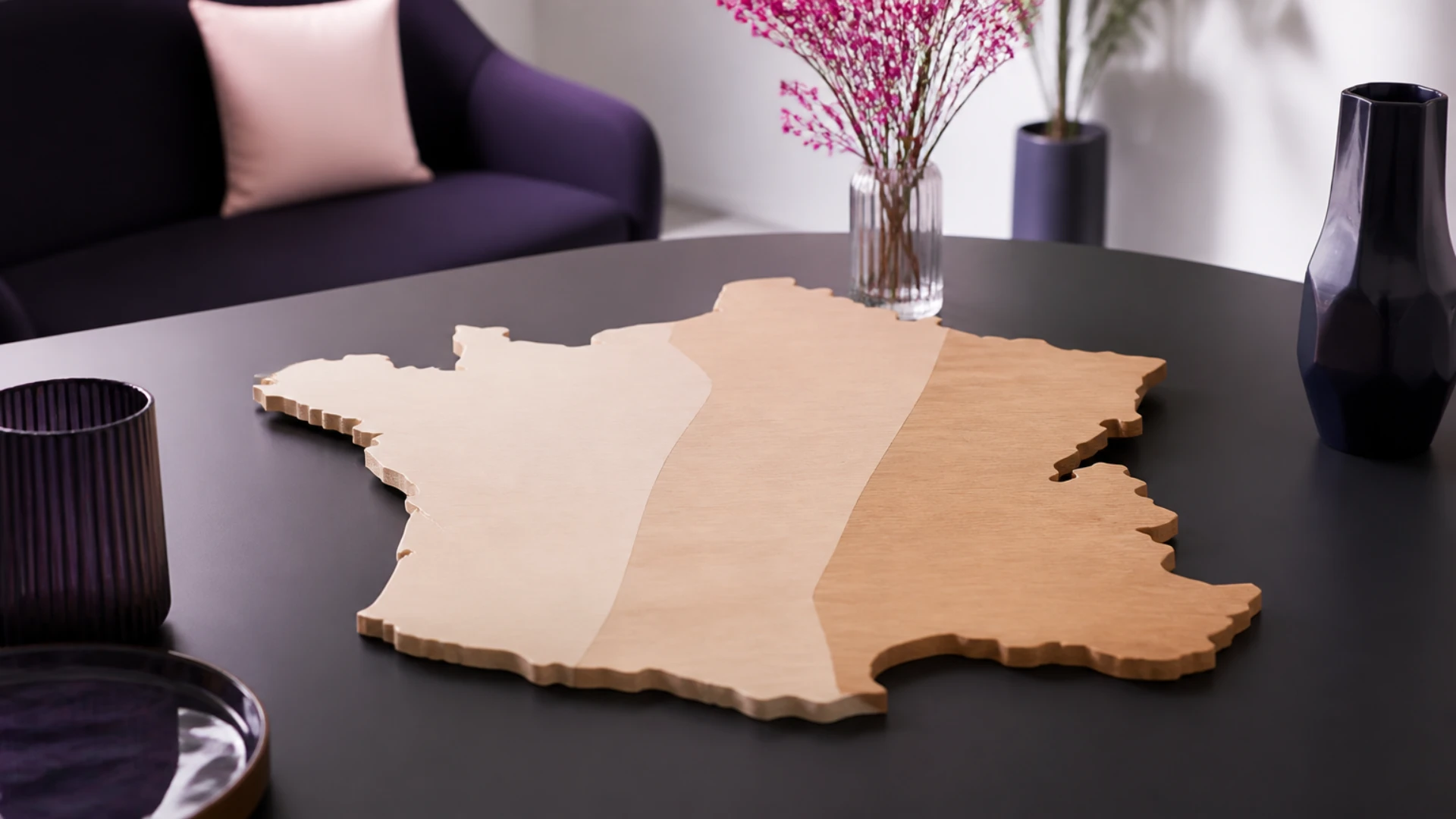 Carte de France en bois découpé divisée en trois zones d’essences différentes