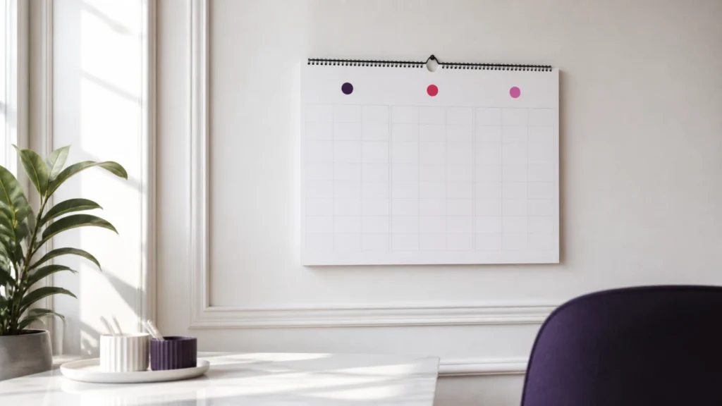 Calendrier vierge dont trois cases sont marquées de pastilles de couleurs différentes