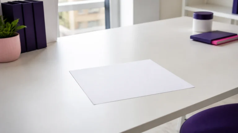 Feuille vierge posée seule au centre d'un bureau clair, sans stylo à proximité