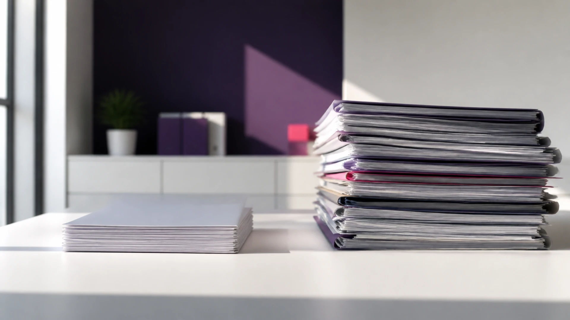 Petite pile de feuilles vierges à côté d’un empilement de dossiers nettement plus important