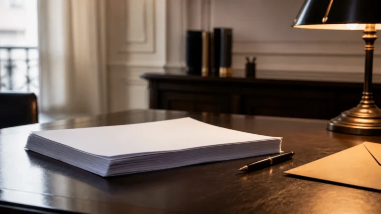 Liasse de papier vierge, stylo plume et enveloppe posés sur un bureau ancien