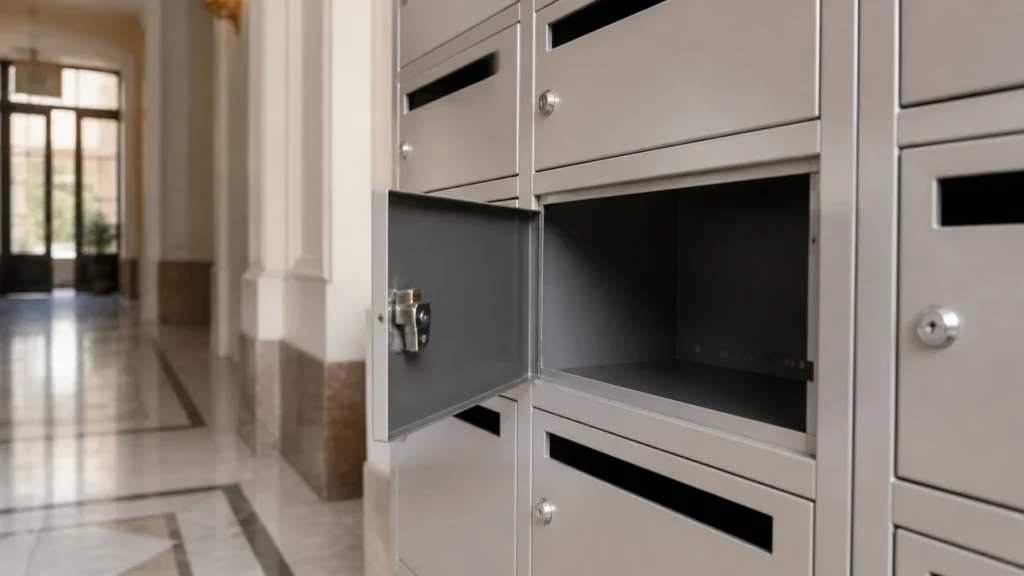 Boîte aux lettres ouverte et vide dans un hall d'immeuble haussmannien