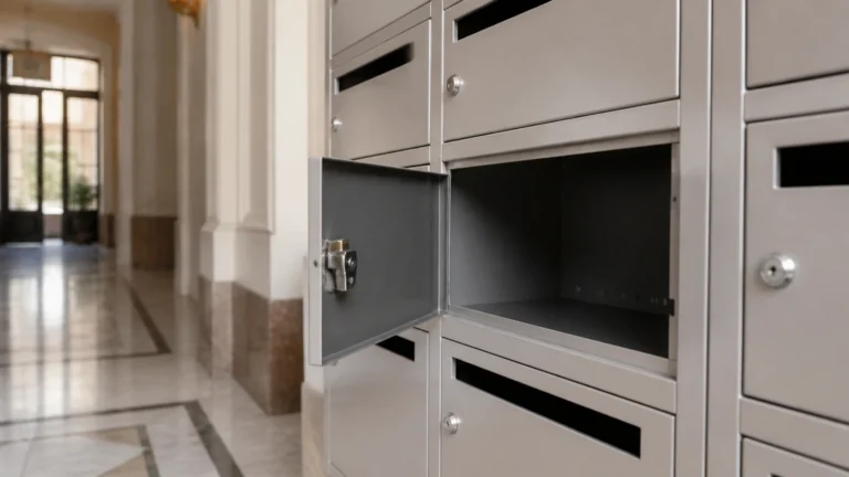 Boîte aux lettres ouverte et vide dans un hall d'immeuble haussmannien