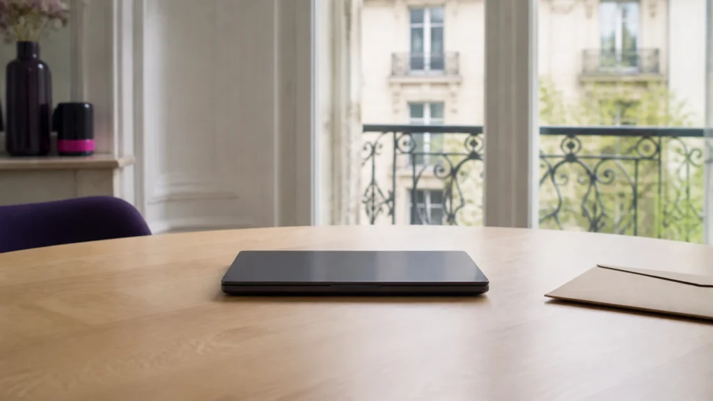 Ordinateur portable fermé et enveloppe kraft posés devant une fenêtre haussmannienne