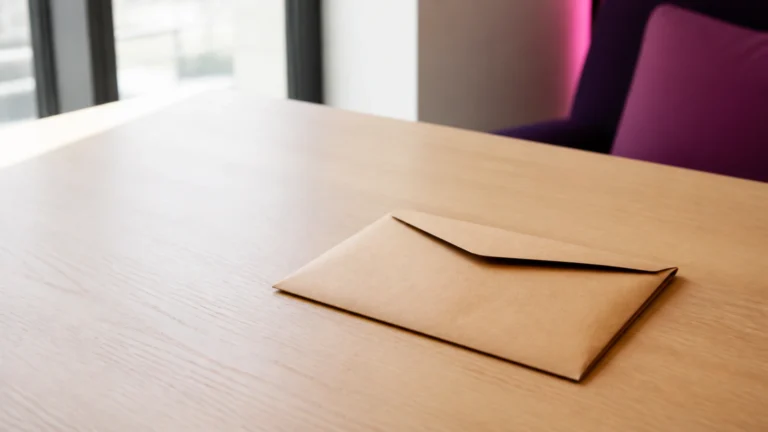 Enveloppe fermée posée seule sur une table en bois clair