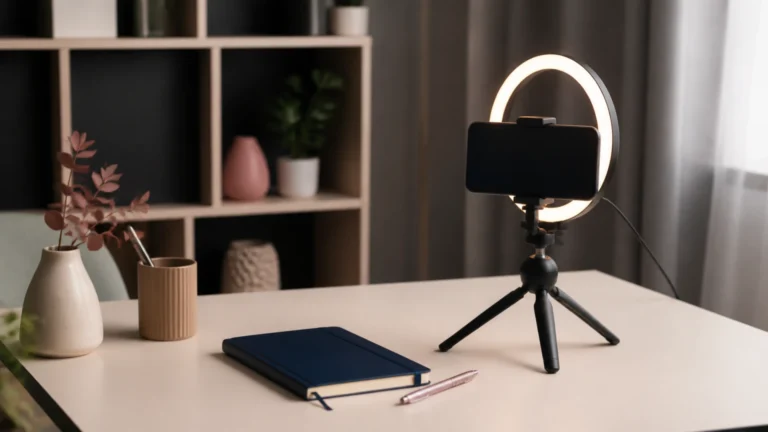 Smartphone fixé sur un trépied devant un anneau lumineux allumé, carnet fermé et stylo posés sur le bureau
