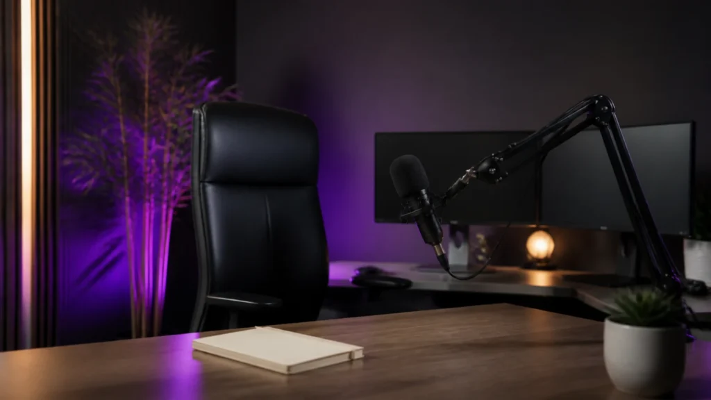 Coin de studio de streaming avec micro sur bras articulé, écrans éteints et carnet posé au premier plan